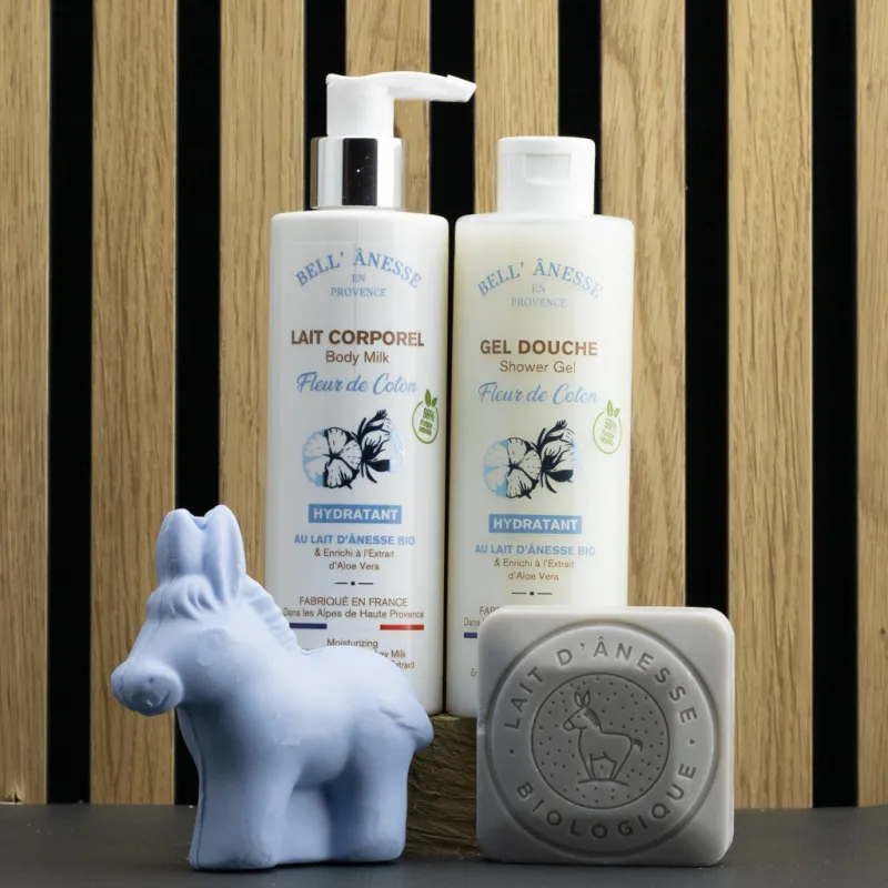 Coffret découverte fleur de coton et  au lait d'ânesse Bio par Bell Anesse en Provence