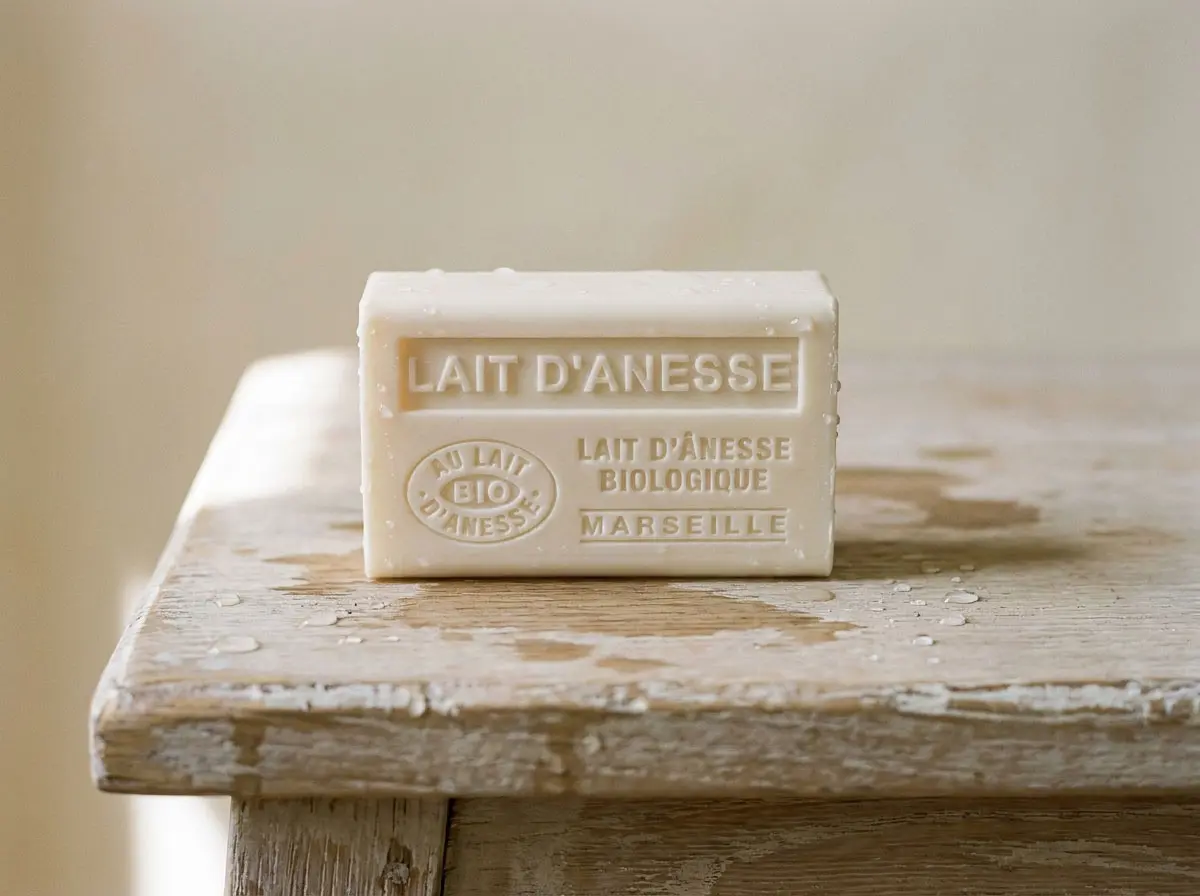 Pain de savon solide beige reposant sur un plan en bois clair, avec gouttes d'eau cristallines et fond minimaliste