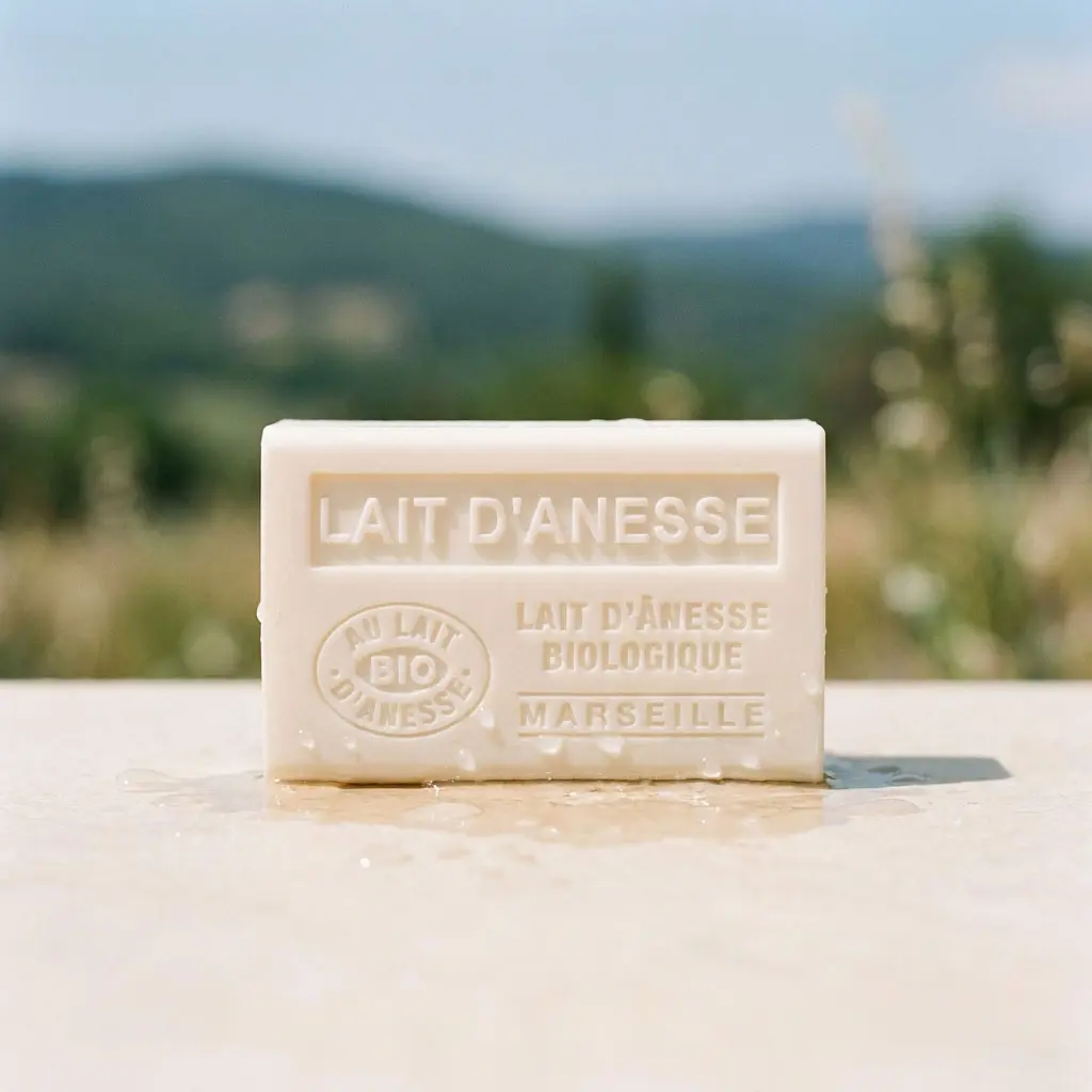 Pain de savon au lait d'ânesse posé sur une surface en pierre avec brins de lavande séchée et lumière naturelle du Sud